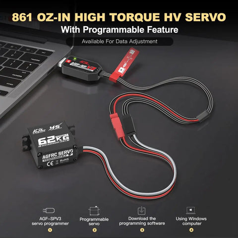Beefy 62Kg Torque Waterproof Steering Servo and programmer on desk for RC cars