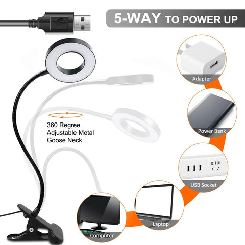 Clip On Reading Light With 48 LED USB Desk Lamp, showing flexible gooseneck and multiple power sources for versatility.