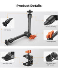 9.8 Inch Magic Arm Clamp Kit with 360 Degree Ball Heads showing aluminum alloy body, locking knob, non-slip tabs, and screw details.