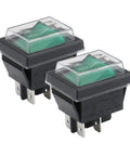 DPST Rocker Switch With Waterproof Cover, On Off 4 Pin, Green LED, Beefy Snap In Power Switch For Cars, Boats, And Home Gear, Weather Ready, UL Recognized VDE Certified, 2 Pack, pair of black waterproof rocker switches with green LED