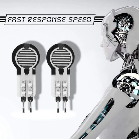 Two round black FSR pressure sensors with metal pin leads (force sensing resistor)