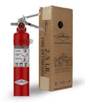 2 Pack 2.5 Lb ABC Dry Chemical Fire Extinguishers With Wall Brackets Class A B C Easy Pull Pin Clear Instructions UL Rating 1A 10B C Ideal For Home Garage Office And Small Business next to packaging.