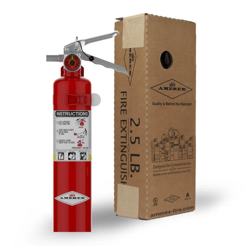 ABC Dry Chemical Fire Extinguisher 2.5 Pound Built For Home And Office Use With 1A10BC Rating Includes Wall Bracket Red Color Fast 10 Second Discharge And 9 To 15 Feet Range next to its packaging box