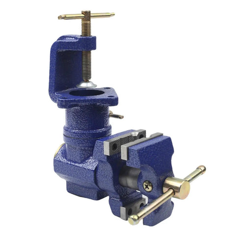 High Strength Carbon Steel Woodworking Bench Vise With 360 Rotation And Dual Control Clamps For Precise Heavy Duty Hand Tool Craftsman Gear in blue with dual clamps.