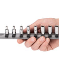 Hand holding One Quarter Inch Drive Shallow External Star Socket Set On Rail Eight Piece With E4 E5 E6 E7 E8 E10 E11 E12
