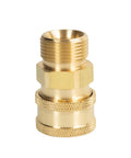Brass pressure washer quick-connect fitting with male threads, hex nut, and knurled sleeve.