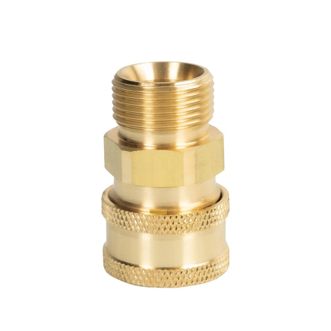 Brass pressure washer quick-connect fitting with male threads, hex nut, and knurled sleeve.