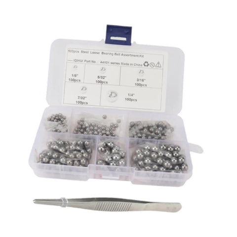 Pro Grade Bearing Balls Kit With Precision Steel Bearings In One Eighth To One Quarter Inch Sizes Plus Tweezers For Cars ATVs Mountain Bikes High Performance Maintenance Accessory Set, open case