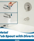 Tub And Shower Faucet Set With Valve In Brushed Nickel No Fuss Install, showing water flow illustration and metal spout.