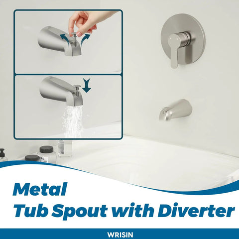 Tub And Shower Faucet Set With Valve In Brushed Nickel No Fuss Install, showing water flow illustration and metal spout.