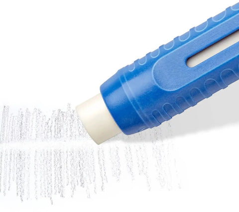 Mars Eraser Refills Pack Of 10 For Lead Pencil Erasers, shown erasing pencil marks with a blue stick eraser on paper.