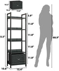 Dimensions of 5 Tier Bookshelf With Drawer And Industrial Style Bakers Rack In Black, tall narrow wood and metal display.
