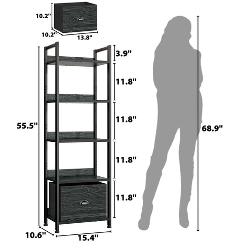 Dimensions of 5 Tier Bookshelf With Drawer And Industrial Style Bakers Rack In Black, tall narrow wood and metal display.