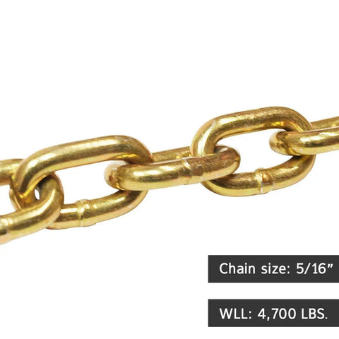 Close-up of 5/16 Inch Grade 70 Chain And Load Binder Kit 4700 Lbs Safe Working Load, showing chain links and size details.