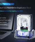 Heavy Duty Dual Bay External Hard Drive Enclosure Type C To Sata 3.1 with transparent housing and HDD mounted, showing easy access.