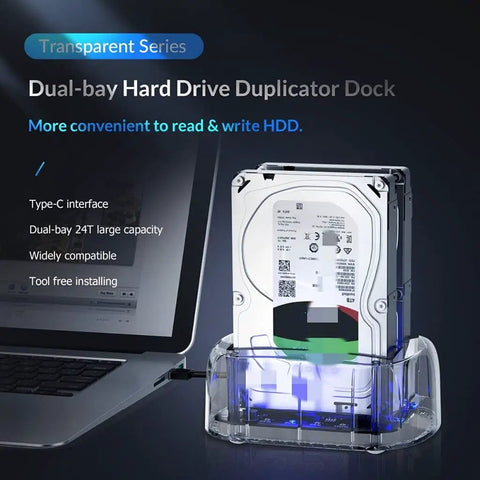 Heavy Duty Dual Bay External Hard Drive Enclosure Type C To Sata 3.1 with transparent housing and HDD mounted, showing easy access.