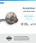 Accent Door Lever Privacy Lock For Bedroom And Bathroom Satin Nickel Finish No Brainer Install Push Button Privacy Lock.