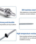 Straight Up Heavy-Duty Stainless Steel Hanger Bolts M10x200, close-up of shiny 304 stainless steel with EPDM washer.