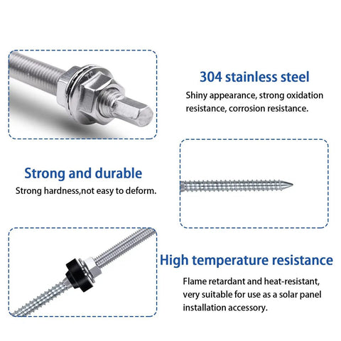 Straight Up Heavy-Duty Stainless Steel Hanger Bolts M10x200, close-up of shiny 304 stainless steel with EPDM washer.