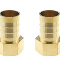 Two Pack Brass Hose Barb Fittings, Half Inch NPT Female To Three Quarter Inch Barb Adapter Connector, shown side by side.