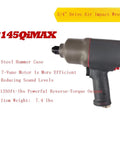 Three Quarter Air Impact Wrench Operating Silently With A Beefy 7 Vane Motor Pumping Out 1350 Ft Lbs Torque For Grease Monkey Jobs And Industrial Grade Direct Replacements, showing steel hammer case and ergonomic handle.