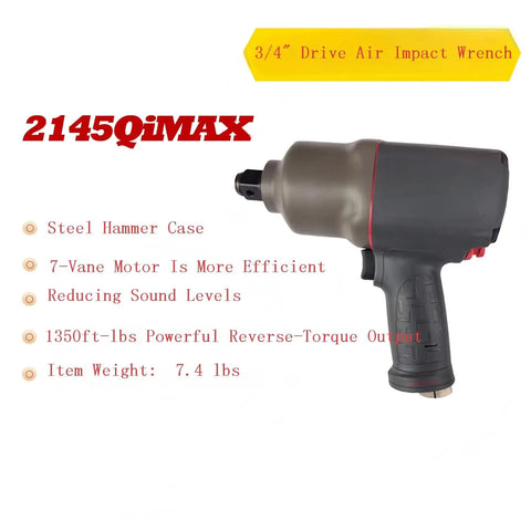 Three Quarter Air Impact Wrench Operating Silently With A Beefy 7 Vane Motor Pumping Out 1350 Ft Lbs Torque For Grease Monkey Jobs And Industrial Grade Direct Replacements, showing steel hammer case and ergonomic handle.