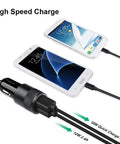 Robust Dual Port Car Charger With Hella Fast Sync Tech Featuring Quick Charge 3.0 for swift charging of two smartphones.