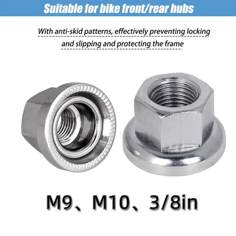 Six Pack Flanged Wheel Hub Nuts For Front And Rear Bikes Includes M8 Three Eighths Inch And M10 Sizing Great For Mountain And Kids Bikes Chrome Plated Steel With Anti Slip Pattern That Helps Prevent Loosening