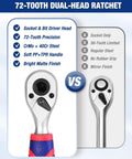 Comparison of a socket & bit driver head with 72-tooth dual-head ratchet highlighting precision and materials used.