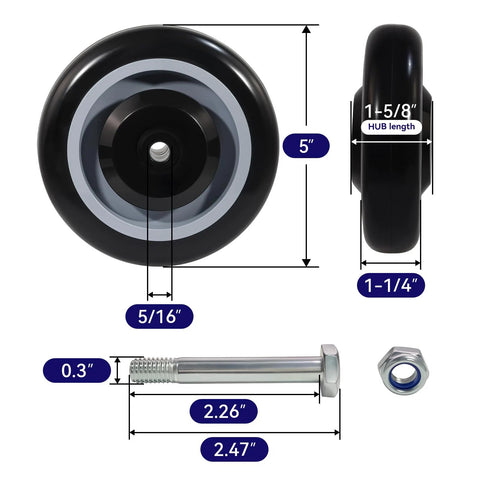 5 Inch Shopping Cart Wheels Replacement Set With Five Sixteenth Inch Axle Polyurethane Casters 1400 Lbs Total Capacity