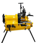 Pro Grade Electric Pipe Threader Machine For Half Through Four Inch Bspt And Npt Threads With 220v Heavy Duty Specs, yellow machine with multiple handles.