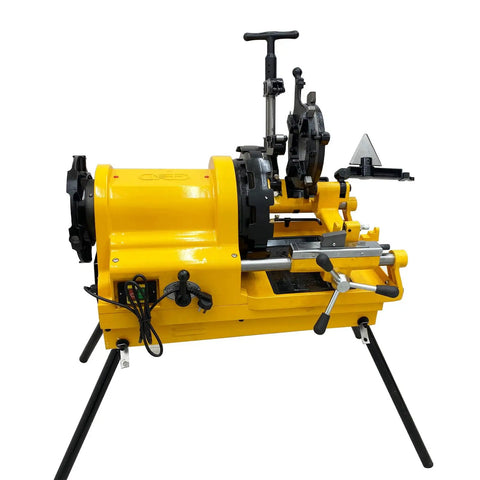 Pro Grade Electric Pipe Threader Machine For Half Through Four Inch Bspt And Npt Threads With 220v Heavy Duty Specs, yellow machine with multiple handles.