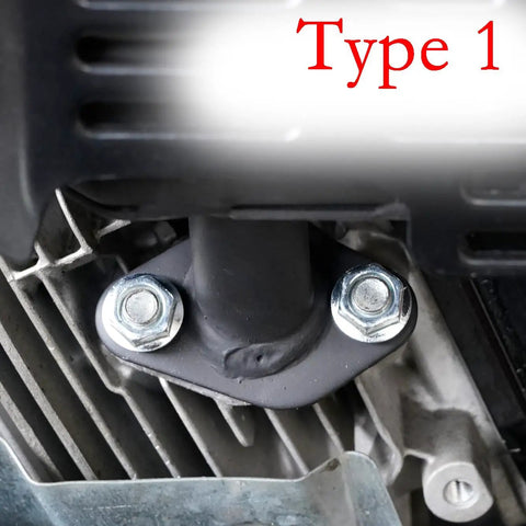Exhaust Muffler Pipe Mounting Hardware Studs Kit installed on engine, showing Type 1 model with bolts and gasket for mini bike