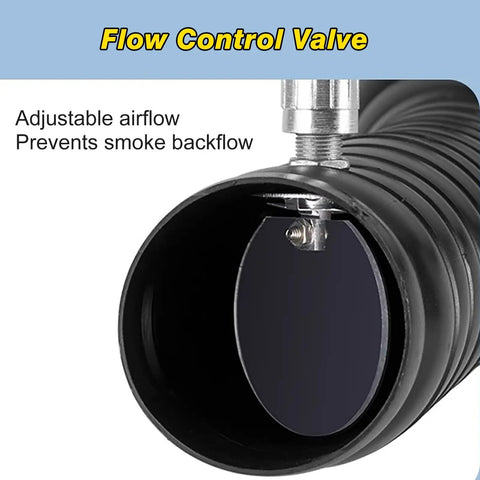 Pro Level Flexible Welding Fume Extraction Arm Featuring Straight Up Heavy Duty Articulated Smoke Hood And No Nonsense Plastic Duct Flow control valve for adjustable airflow in fume extraction.