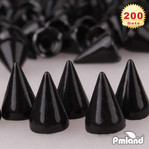 Premium Rugged Top Shelf Badass Black Screwback Cone Spike Studs For Leather Boots And Workwear And 200 Set Heavy Duty Zinc Alloy Hardware, black cone spikes, 9.5x7mm, for crafts.
