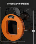 240 Ft Heavy Duty Flat Steel Fish Tape With Thumb Brake And Ergonomic Handle dimensions with measurements displayed, 15.16x12.20 inches.