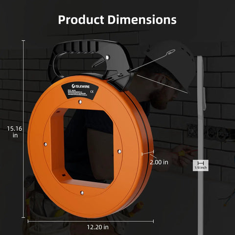 240 Ft Heavy Duty Flat Steel Fish Tape With Thumb Brake And Ergonomic Handle dimensions with measurements displayed, 15.16x12.20 inches.