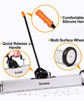 Heavy Duty 36 Inch Rolling Magnetic Sweeper With Quick Release Handle features comfortable silicone grip and multi-surface wheels.