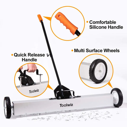 Heavy Duty 36 Inch Rolling Magnetic Sweeper With Quick Release Handle features comfortable silicone grip and multi-surface wheels.
