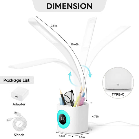 Dimensions of Upgraded 10W USB Desk Lamp With Clock Pen Holder Timer And Ambient Color Night Light for kids and home office