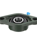 Close-up of UCFL204 pillow block bearing, 20mm bore, solid cast iron housing, chrome steel bearing, mounted base.