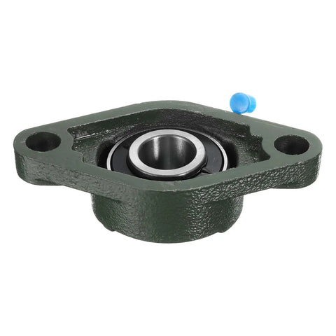 Close-up of UCFL204 pillow block bearing, 20mm bore, solid cast iron housing, chrome steel bearing, mounted base.