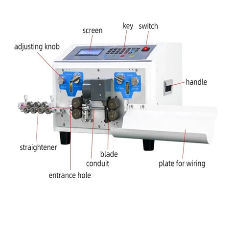 Heavy Duty Automatic Electric Wire Stripper And Cutter Machine Strips Cuts Together Handles Sheathed Cables Point One To Six Millimeter Gauge with display and controls.