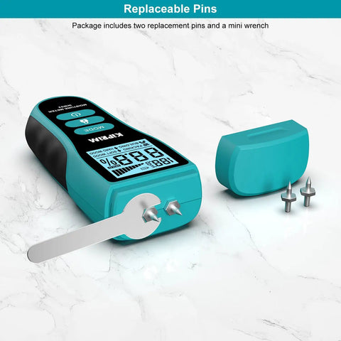 Pin Type Moisture Meter For Wood Walls Drywall Concrete And Paper With Digital LCD Readout Temperature In C F Hold Function Four Material Modes And Replacement Pins Included WM02 Pro Grade Handy Tool For Quick Accurate Readings. Replaceable pins and mini wrench shown.