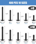 400 Piece Self Tapping Screws Set Made Of 410 Stainless Steel For Metal Wood And Plastic Size 8 And 10 1/2 Inch To 1-1/4 Inch Length Black Coated Pro Grade Handy Assorted Screws For Building Repair And DIY