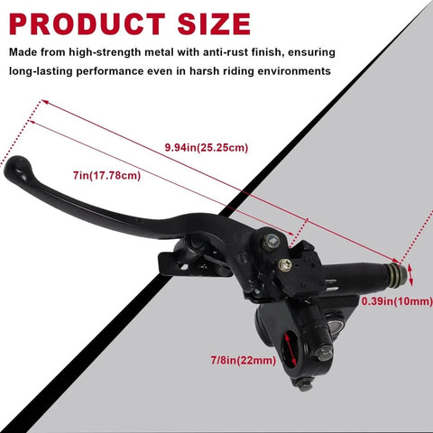 Universal Left Hydraulic Brake Master Cylinder For Seven Eighths Inch Handlebars On Moto ATV Pit Bike Dirt Bike GY6 Engine 50cc To 250cc With Durable Alloy Lever, front view highlighting size and material details.