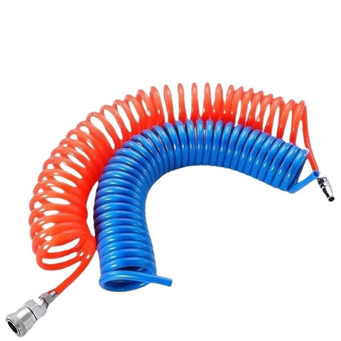 Heavy Duty Pro Pneumatic Hose Air Supply Spiral Premium Pipe 10x6.5mm Black 6m Length C JP Fitting Works Tough Workshops Garages Home Rigs Solid Grip Air Powered Tools Power Boost Job Sites Flex Ready Stock, coiled blue and red air hose with metal fitting