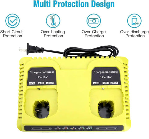 Two-Port Dual Chemistry IntelliPort Battery Charger For 12V To 18V Max Lithium Ion NiCad NiMH Packs, showing protection features