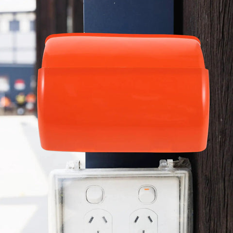 Heavy Duty Outdoor EV Charger Cover With Dual Outlet Socket Protector All Weather Foldable Shield For Electric Vehicles protects outlet with bright orange shield.