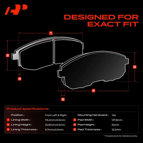 Rock Solid Front Ceramic Brake Pads Compatible With Hyundai Kia 2 Pack diagram with dimensions for precise fit.